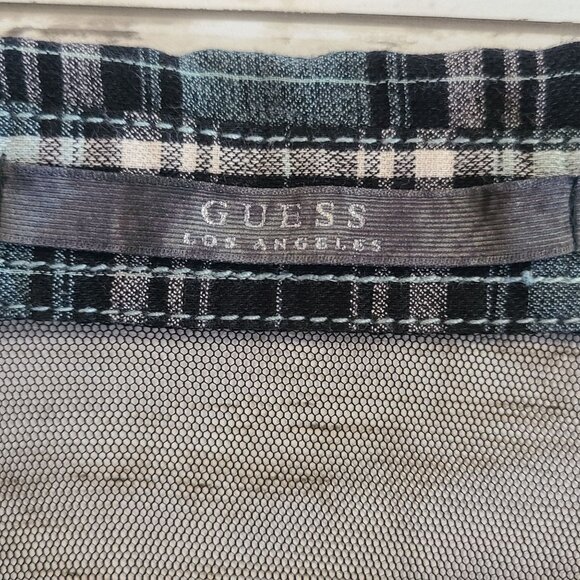Guess Blue Plaid Drop Waist Dress Oversized Sheer Shoulder Western Grunge XS - Picture 5 of 8